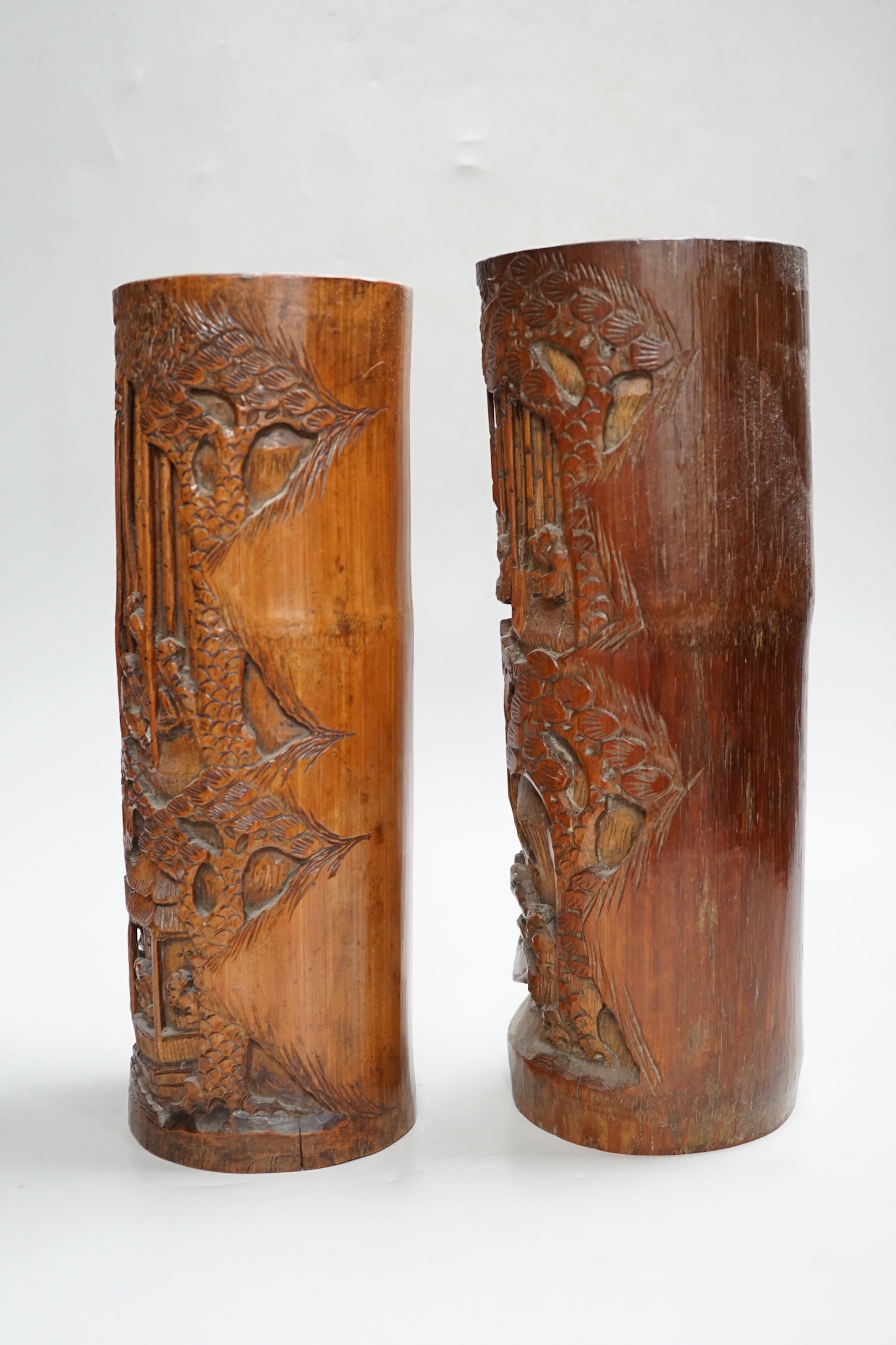 Two Chinese carved bamboo brushpots, 31cm